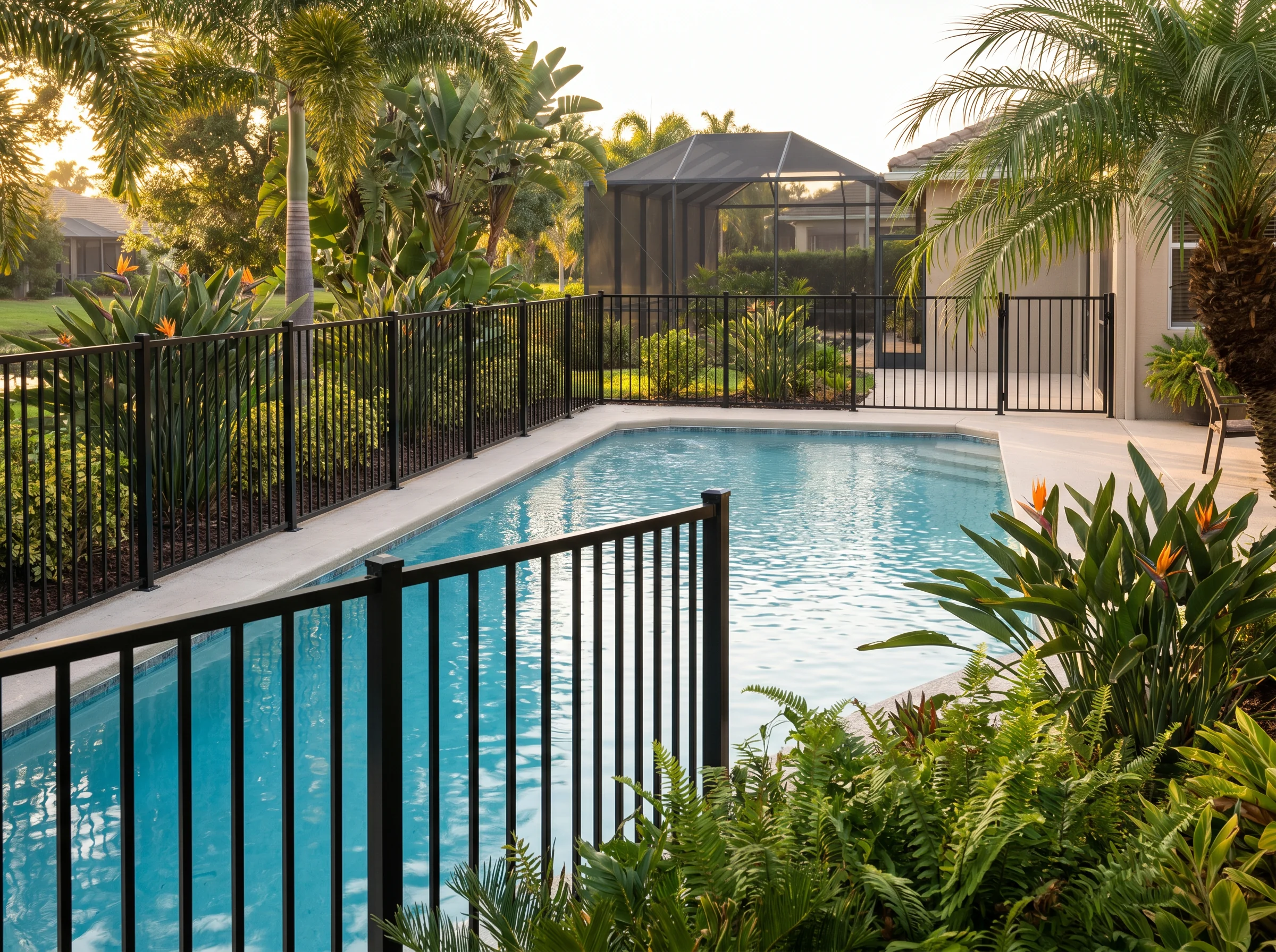 Florida Statute 515-compliant black aluminum pool fence around a residential pool with tropical landscaping